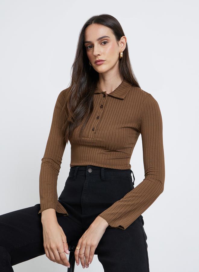 Styli Fitted Ribbed Long Sleeve Polo T-Shirt - Image 4